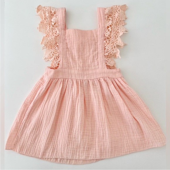 Peach Pink Cotton Linen Lace Trim Overall SunDress | Girls 3-4T - Picture 10 of 10